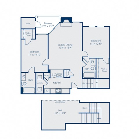 Floor plan for 2 beds, 2 baths, 1175 sqft